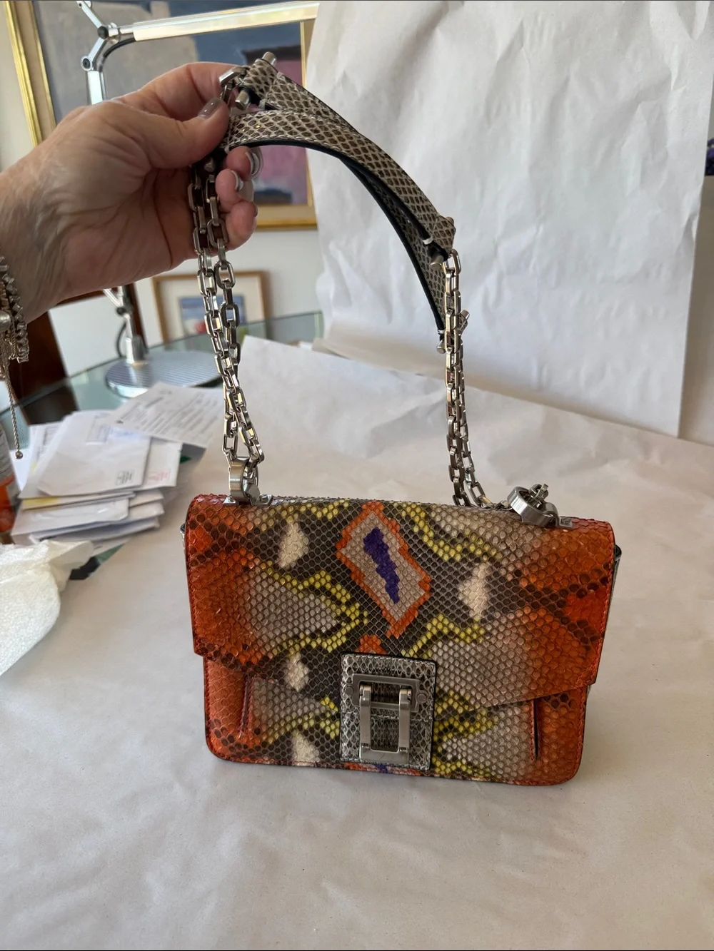Orange Multicolor Snake-Print Shoulder Bag